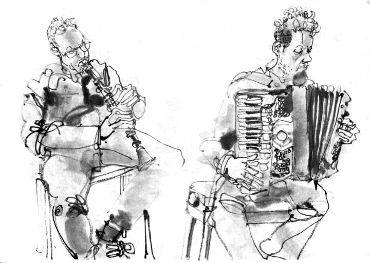 Ink drawing of two musiscians, left a male clarinete player, right a male accordion player