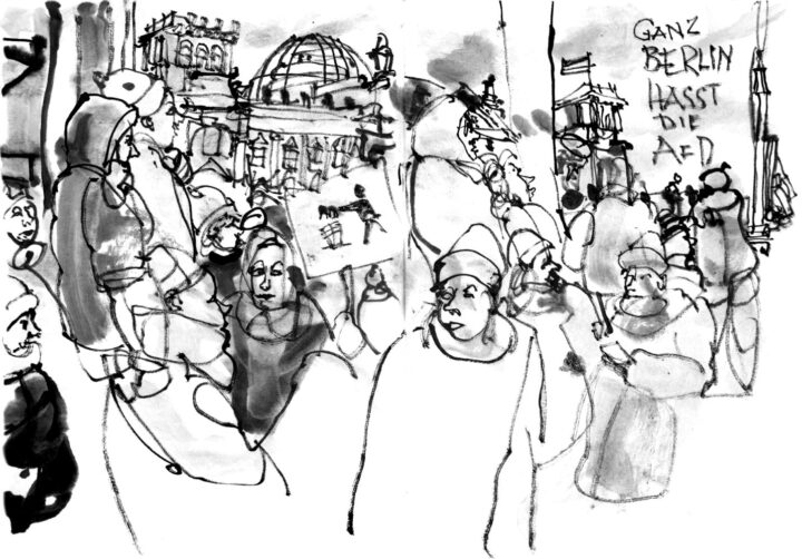 ink drawing of protesting people, in the background is the Reichstag building, a sign shows a figur throwing the letters Afd in a bin