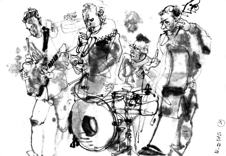 inkdrawing of four musicians, playing guitar, Trumpet, drums and upright base