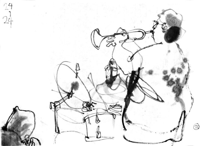ink drawing of three musicians