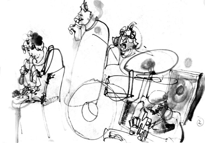 ink drawing of four musicians, 