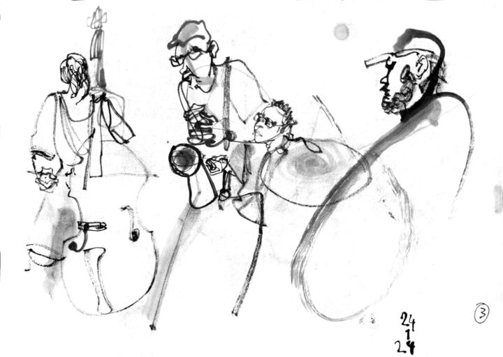 ink drawing of four musicians