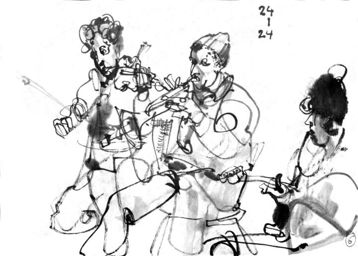 ink drawing of three musicians