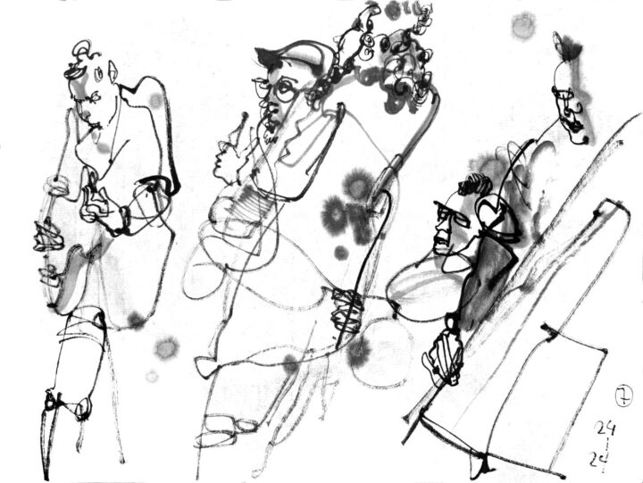 ink drawing of five musicians