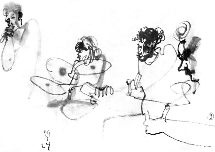 ink drawing of four musicians