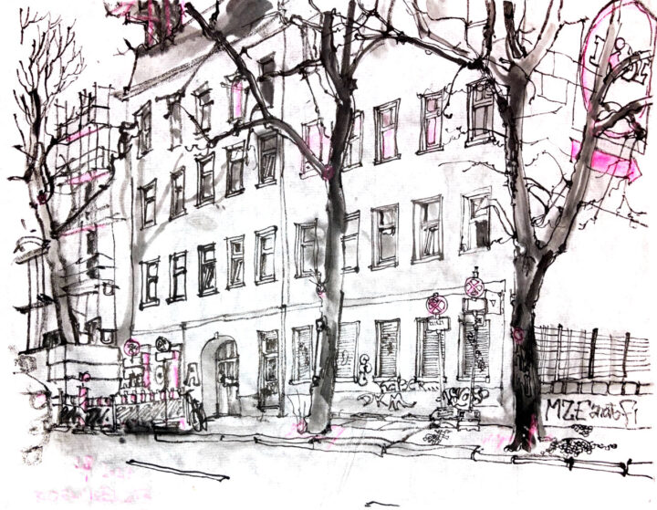 Ink drawing of a house at a street, trees in front and a building site at the left