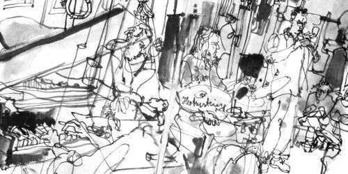 Ink drawing of four musicians in a gallery space