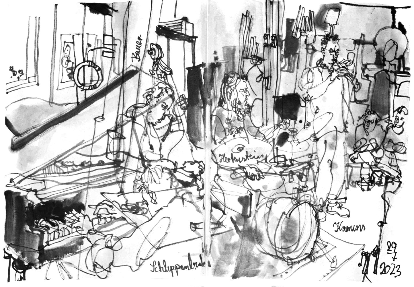 Ink drawing of four musicians in a gallery space