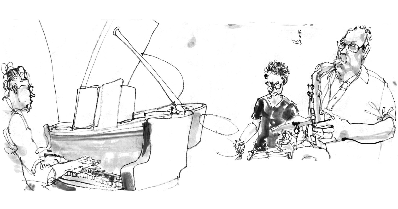 Ink drawing of musicians (piano, drums, saxophone)