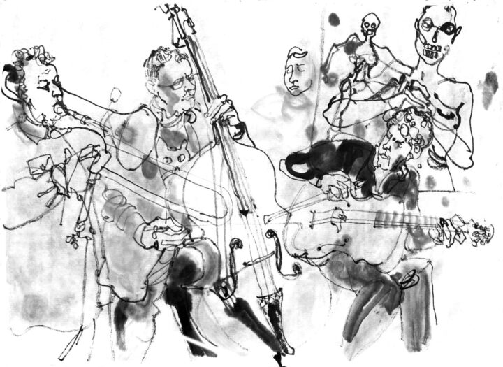 Ink drawing of three musicians and one dancer (depicted twice), styled as sceletton.