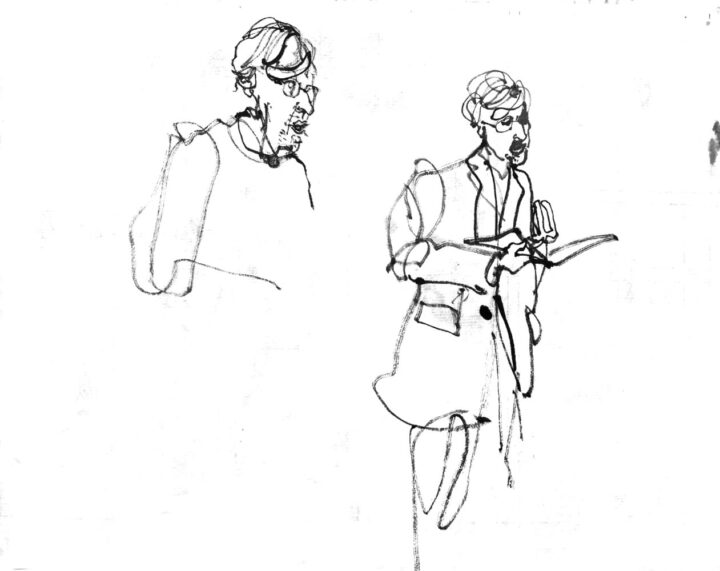 Ink drawing of a singer, depicted twice