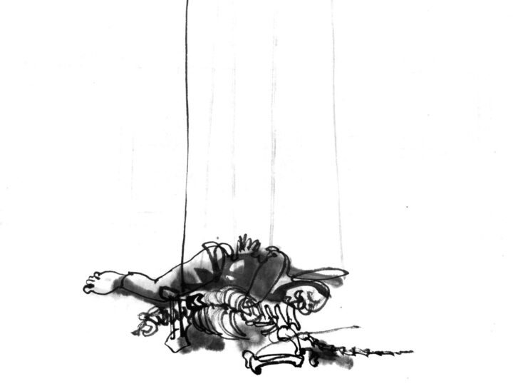 Ink drawing of a dancer lying beside of a dog skeletton