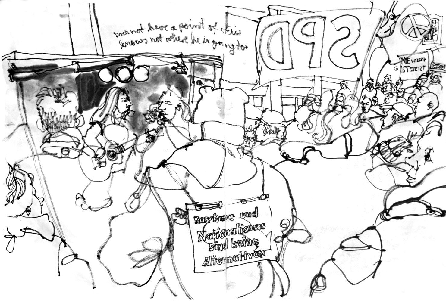 ink drawing from a protest against the right 