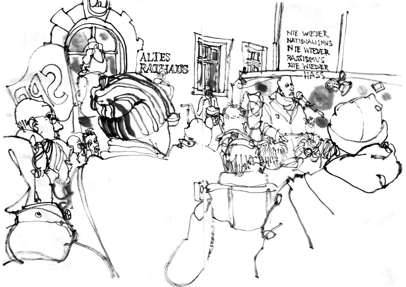 ink drawing from a protest against the right 