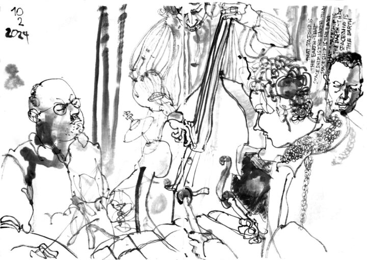 Ink drawing of four musicians playing, drums, upright bas, piano +voice, percussion