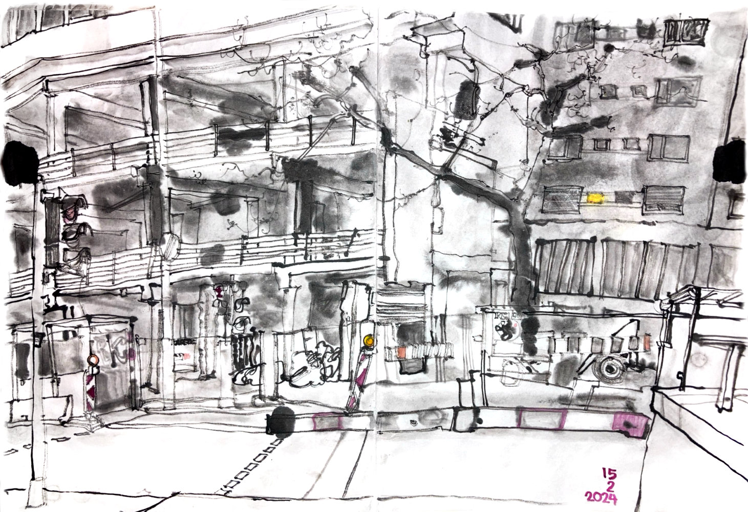 Inkdrawing of a building site