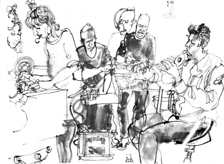 Ink drawing of a group of four musicians (tow of them depicted twice)