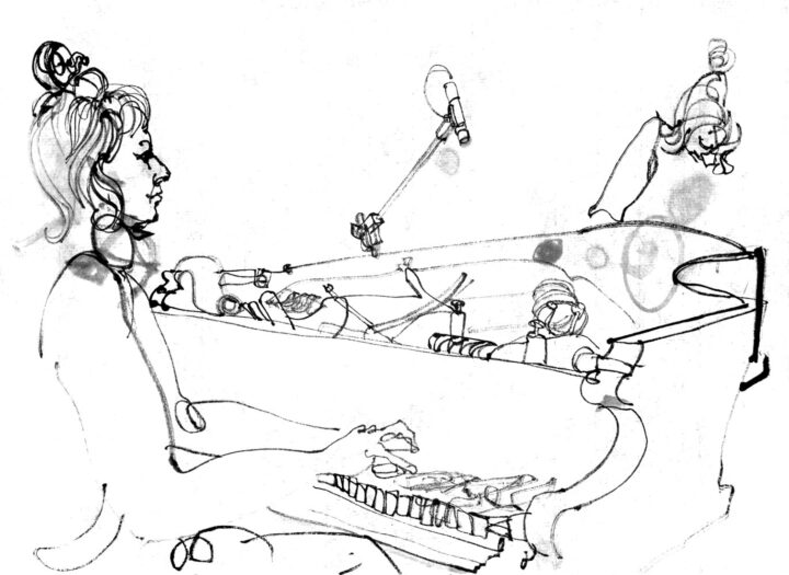Ink drawing of a piano player (depicted twice, left playing on keyboard, ridht playing the strings with objects from the side of the grand piano)