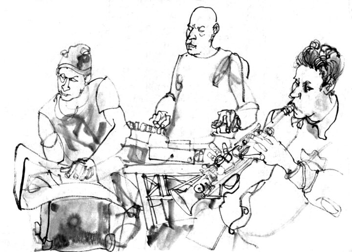 Ink drawing of three musicians