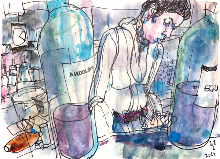 Coloured ink drawing of a woman behind the bar, seen between two bottles of red wine, that are in front.