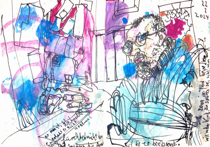 Coloured ink drawing of two men at a bar, the one in the back gestures with his hands, the one in front only visible as a greyish portrait.