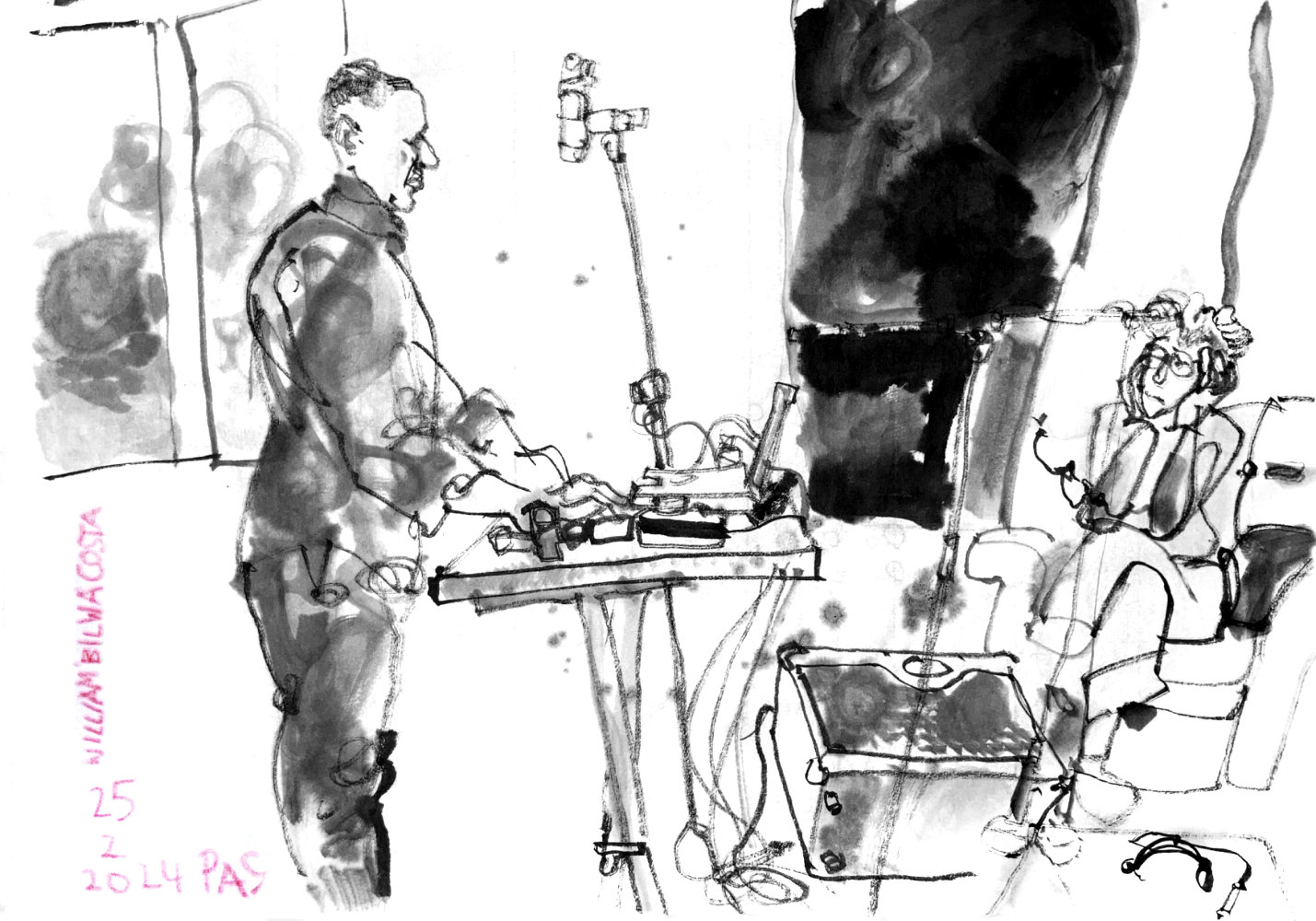 Ink drawing of a musician at a desk with electronic devices, two amplifiers with a microphone hanging inbetween at his cable from a mic-stand. On the right is a woman from the audience sitting in an armchair, covering her ears with the hands.