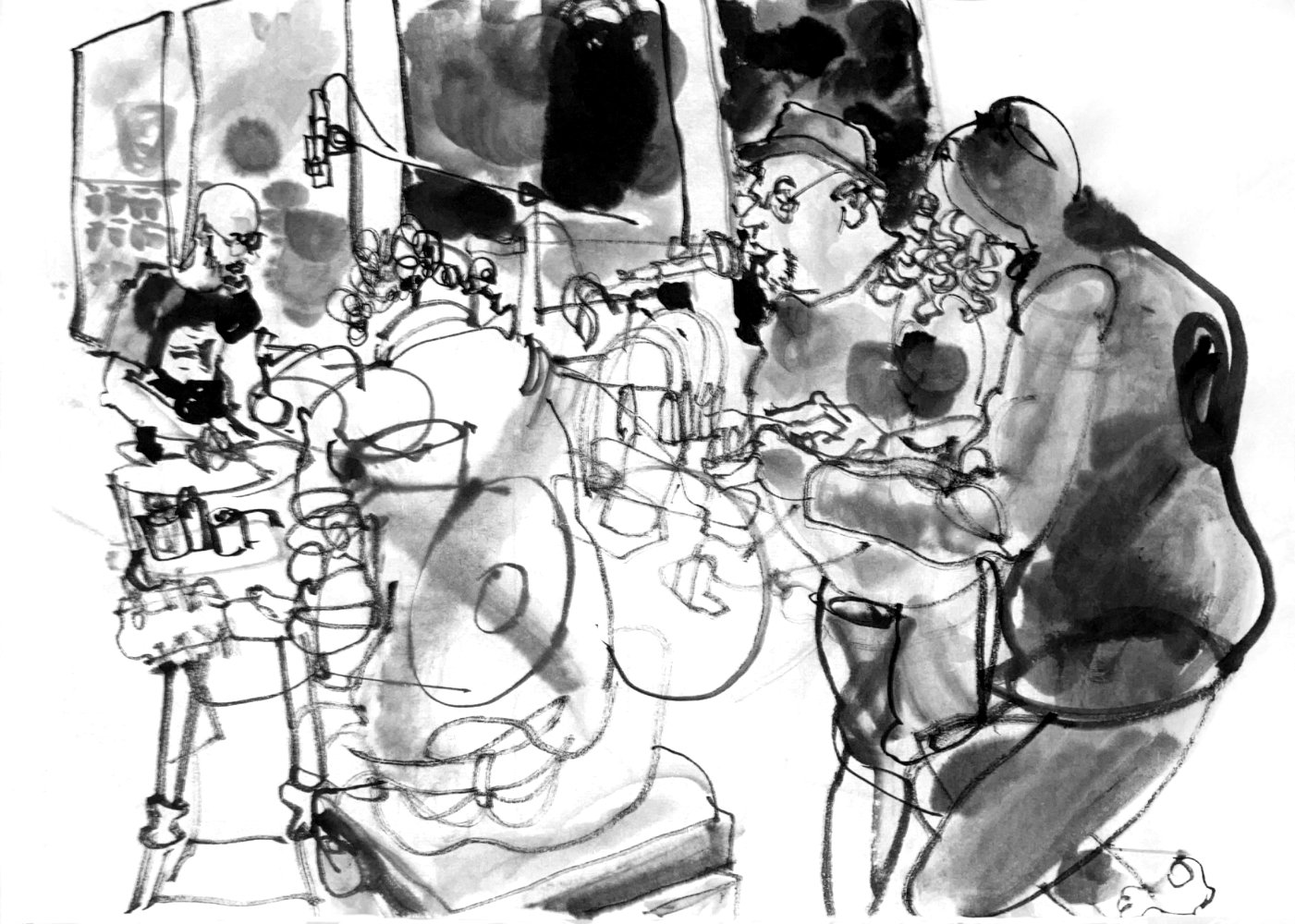 Ink drawing of four musicians, on the right two men at desks with electronics and microphones for voice, a guitarist seen from the back and a drummer.