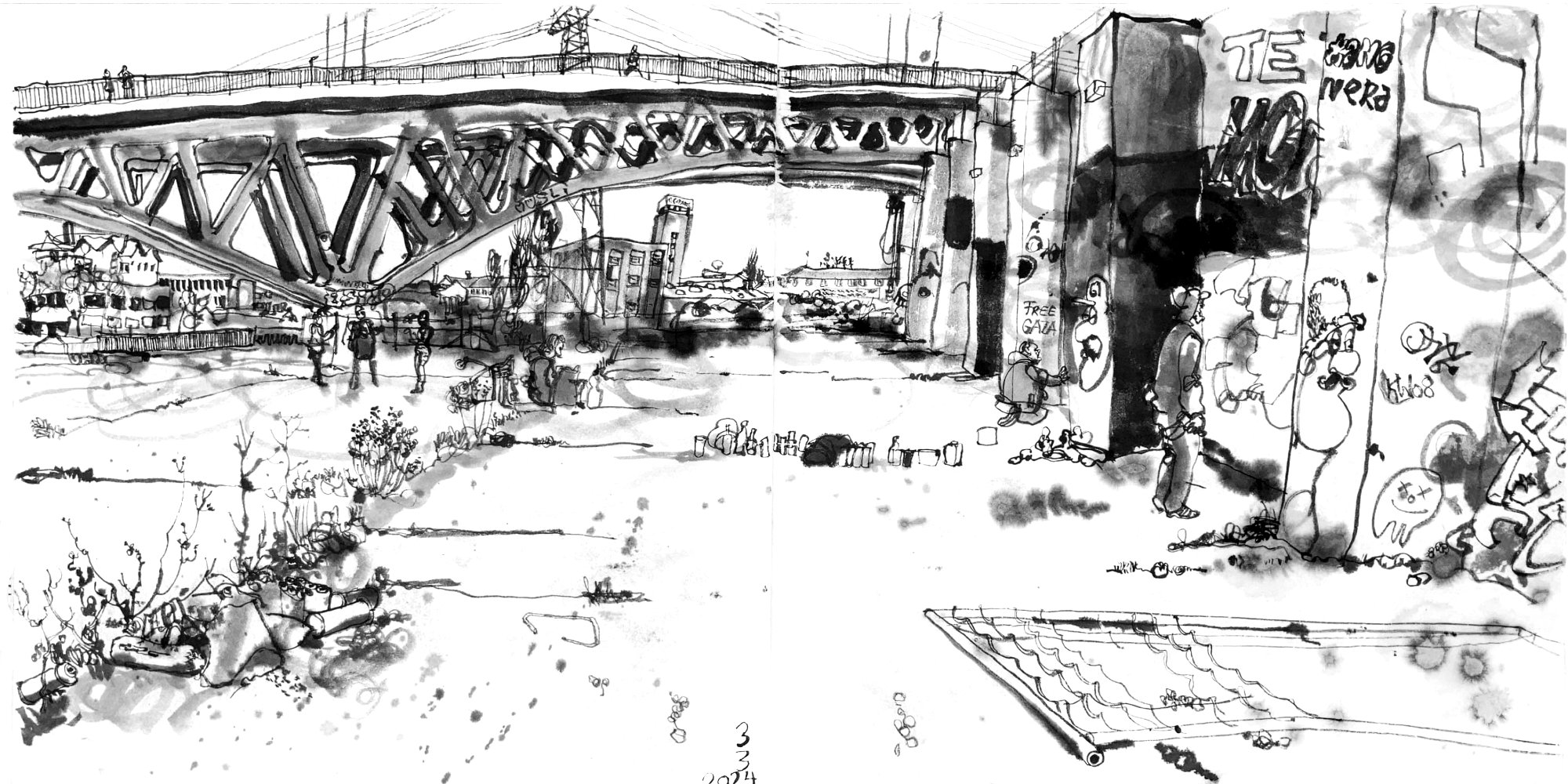 Ink drawing of a place by the river - in the backround is a bridge with bowed steel truss griders, on the right a wall, where sprayers do graffiti, the ground is industrial concrete pavemant, with plants in the joints. A woman sits on the ground, veiwing the sprayers. people in the back are taking photographs.