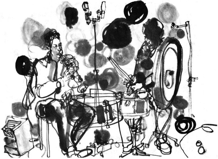 ink drawing of a soprano sax player and a drummer