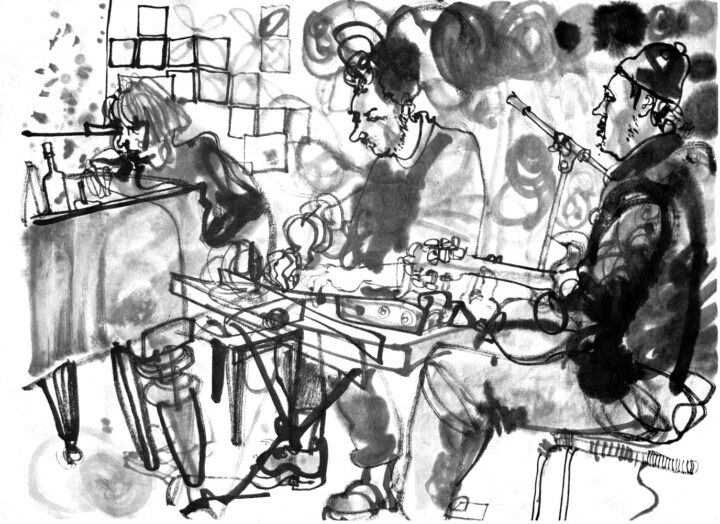 Ink drawing of a piano player, a musician at a desk with electronics and a guitarist