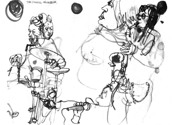 ink drawing of a drummer (depicted twice), a vocalist (depicted twice) and a sax player. The name of the band, actually 'singing treacle bear' is missspelled at the top as 'the singing tricklebear'.