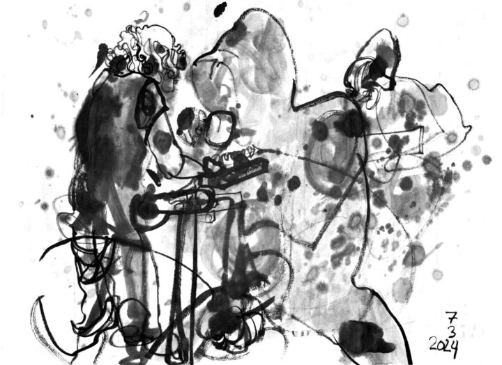 Ink drawing of two performers, one from the back at a desk with electronics, another depicted twice with hood and face in the dark.