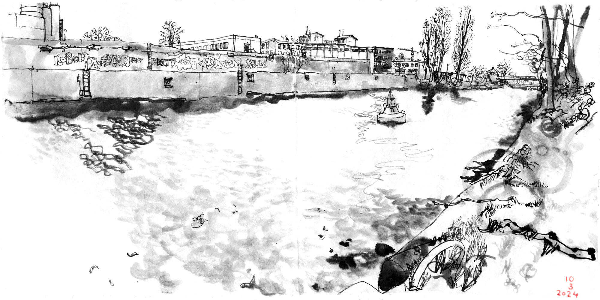 Ink drawing of a canal,  on the opposite bank is a concrete wall an industrial buildings, in the back right aa bridge, on this bank, in the right of the imagee are trees and grass.