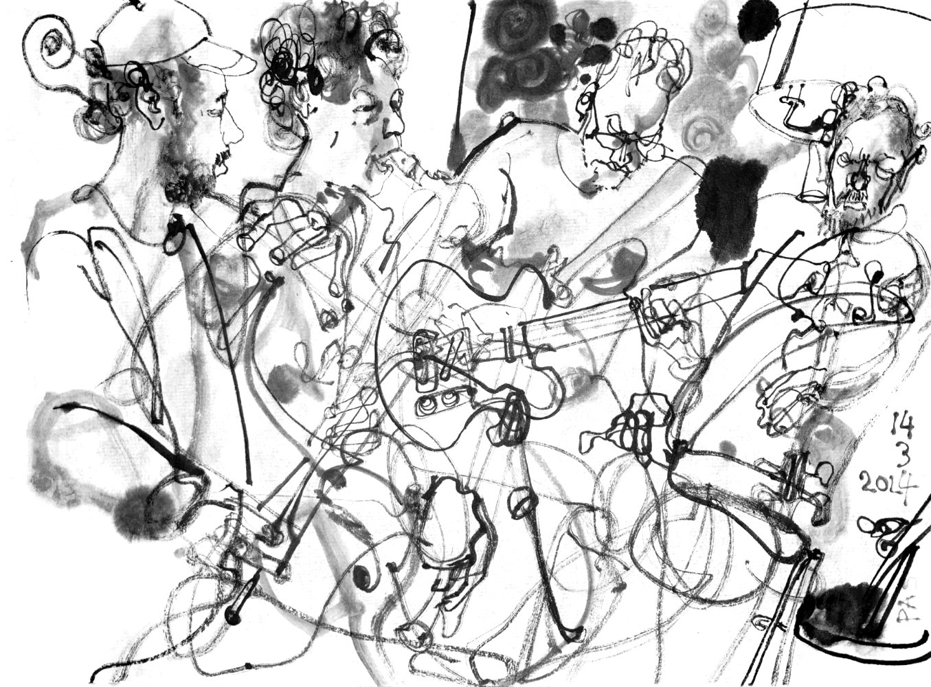 Ink drawing of four male musicians, playing cello, saxophone, guitar and viola