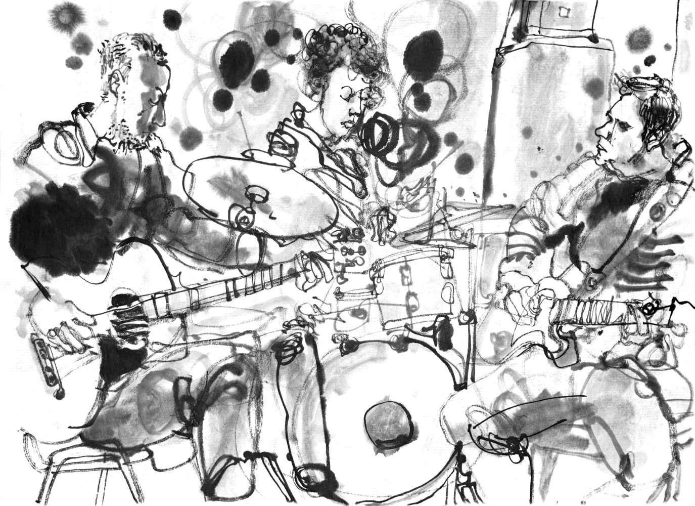 Ink drawing of three musicians, a man playing acoustic bass guitar, a woman on drums and another man on guitar