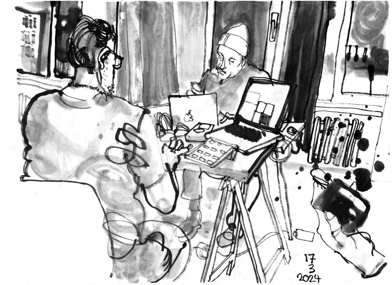 Ink drawing of two male musicians sitting in front of computers. on the lower right of the drawing is a hand, holding a small loudspeaker. 