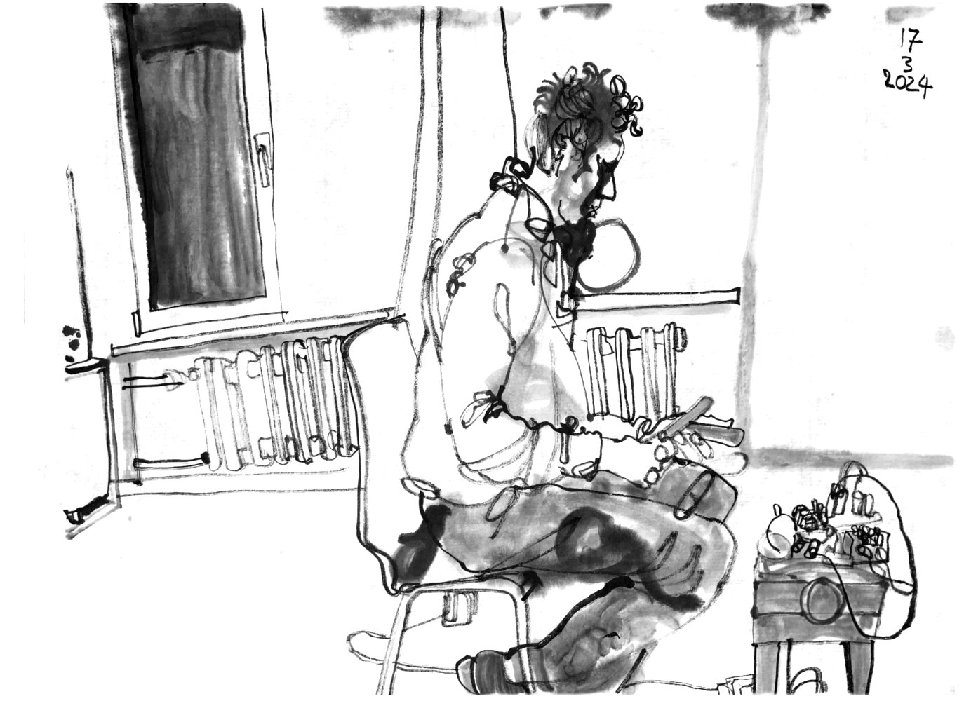 Ink drawing of a male musician, sitting on a chair and playing claves, a piano chair witch electronic devices and more objects for percussion upon.