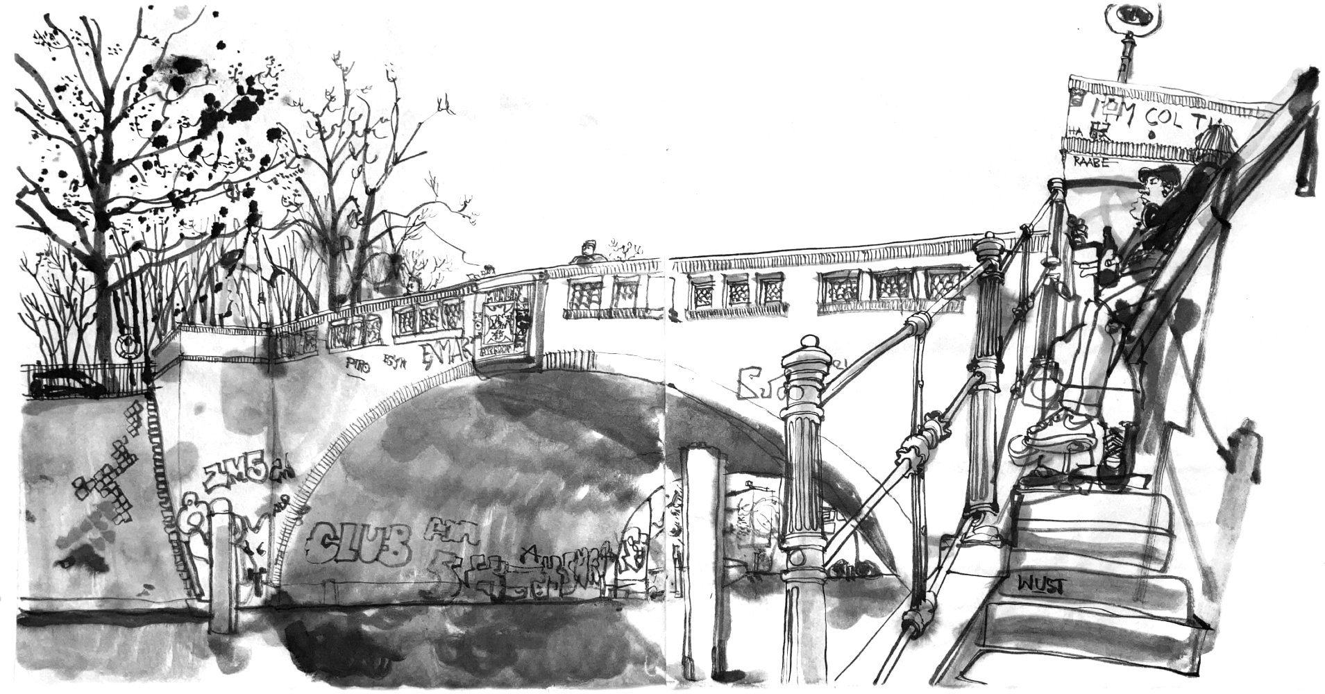 Ink drawing of a bowed stone bridge, seen from below, close to the water line of the canal, that passes underneath. To the right are stairs, leading up to street level. Aside of the stairs a couple is sitting on a wall, having a beer and cigarettes.