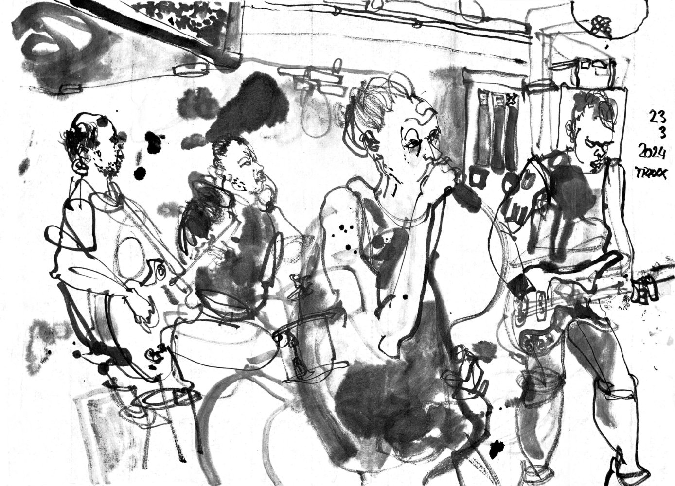 Ink drawing of four male.  musicians -  guitar, drumms, voice, e-bass 