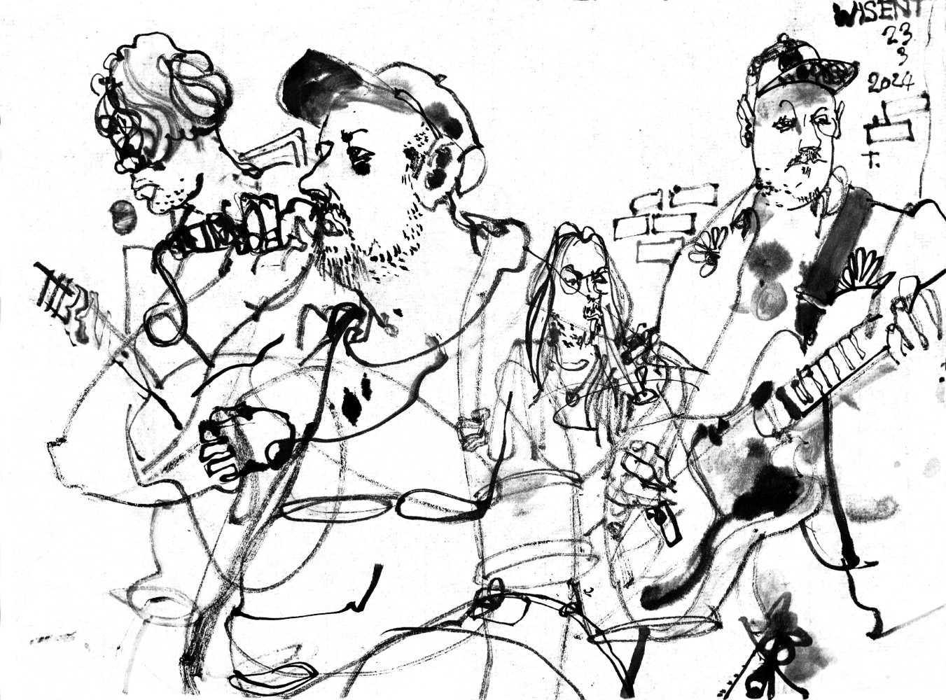 Ink drawing of four male musicians - guitar, voice, drums, e-bass