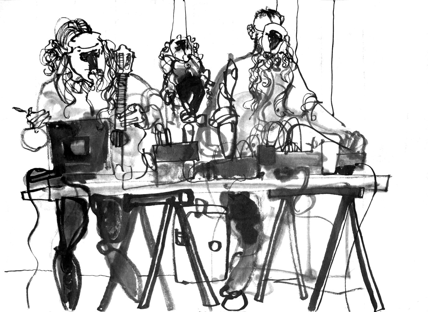 Ink drawing of two musicians, wearing masks and standing at a desk with a computer and diverse other electronic devices. Between the two, a puppet with a similar mask is hanging from the ceiling with two strings. The masks all are white, have long curly hair attached at both sides and a curly beard at the chin. Between eyes and on the nose and forehead is a black triangle, tip down at the nose. The left, female musician is operating a ukulele with 6 strings with a violin bow. The right, male musician is manipulating switches of an electronic device with his left hand.