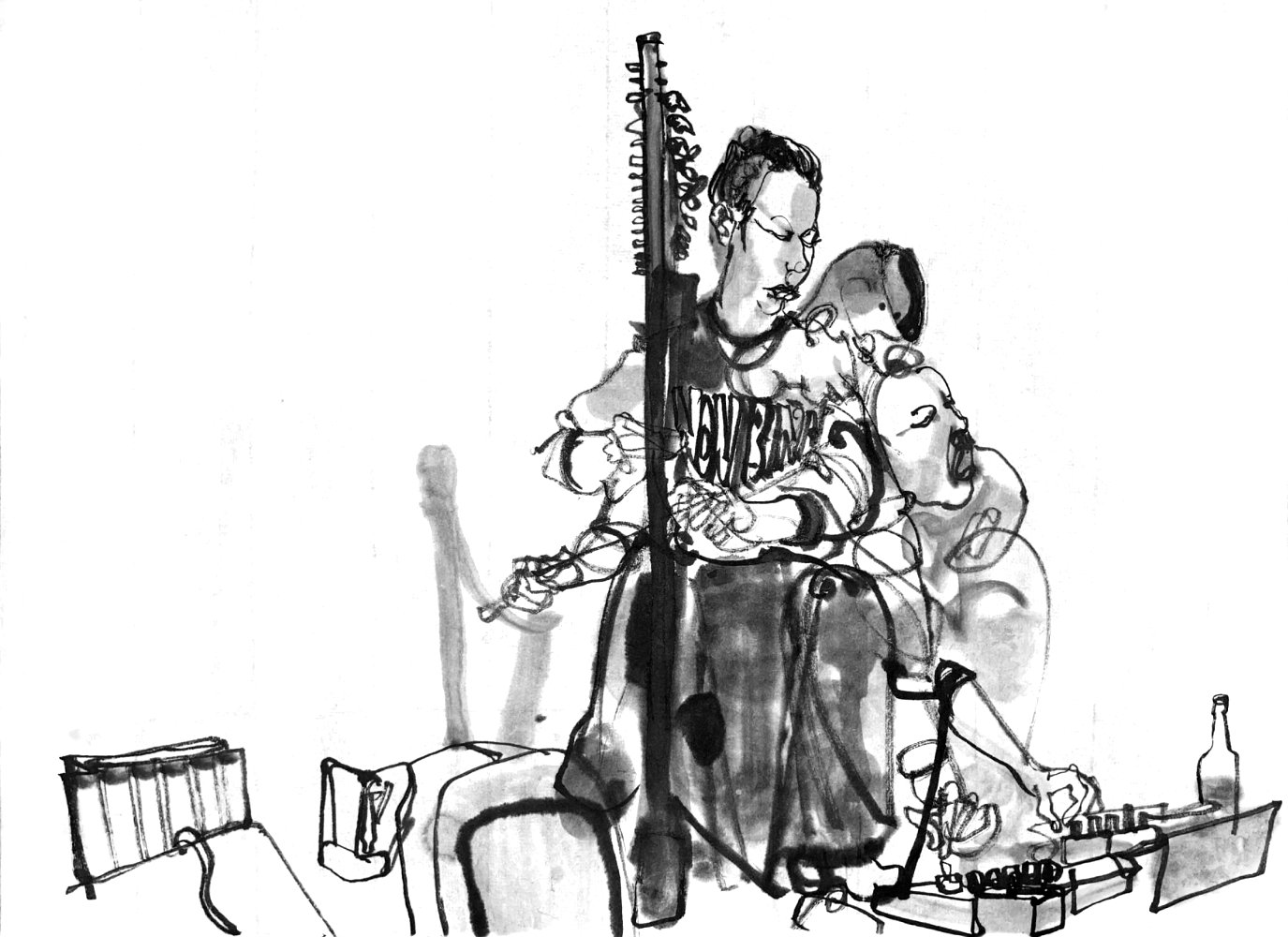 Ink drawing of a harp player, depicted in differnt poses at once, hands playing the harp, playing it with a violin bow and operating electronic devices, that are placed beside the instrument. The head is upright, viewing down to the e-devices, and in a bend-down screaming pose. The musician is wearing a shirt with the lettering 'NON BINARY'.