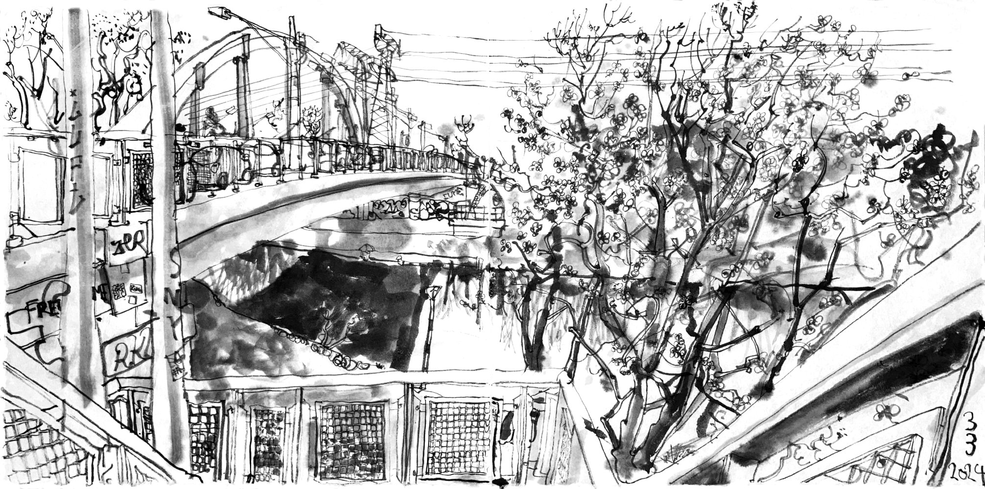 Ink drawing of a bridge over a canal, bridge, with one steel bow over the driveways, on the left, parts of a stair-structure in front of the canal, a blooming willow on the right.