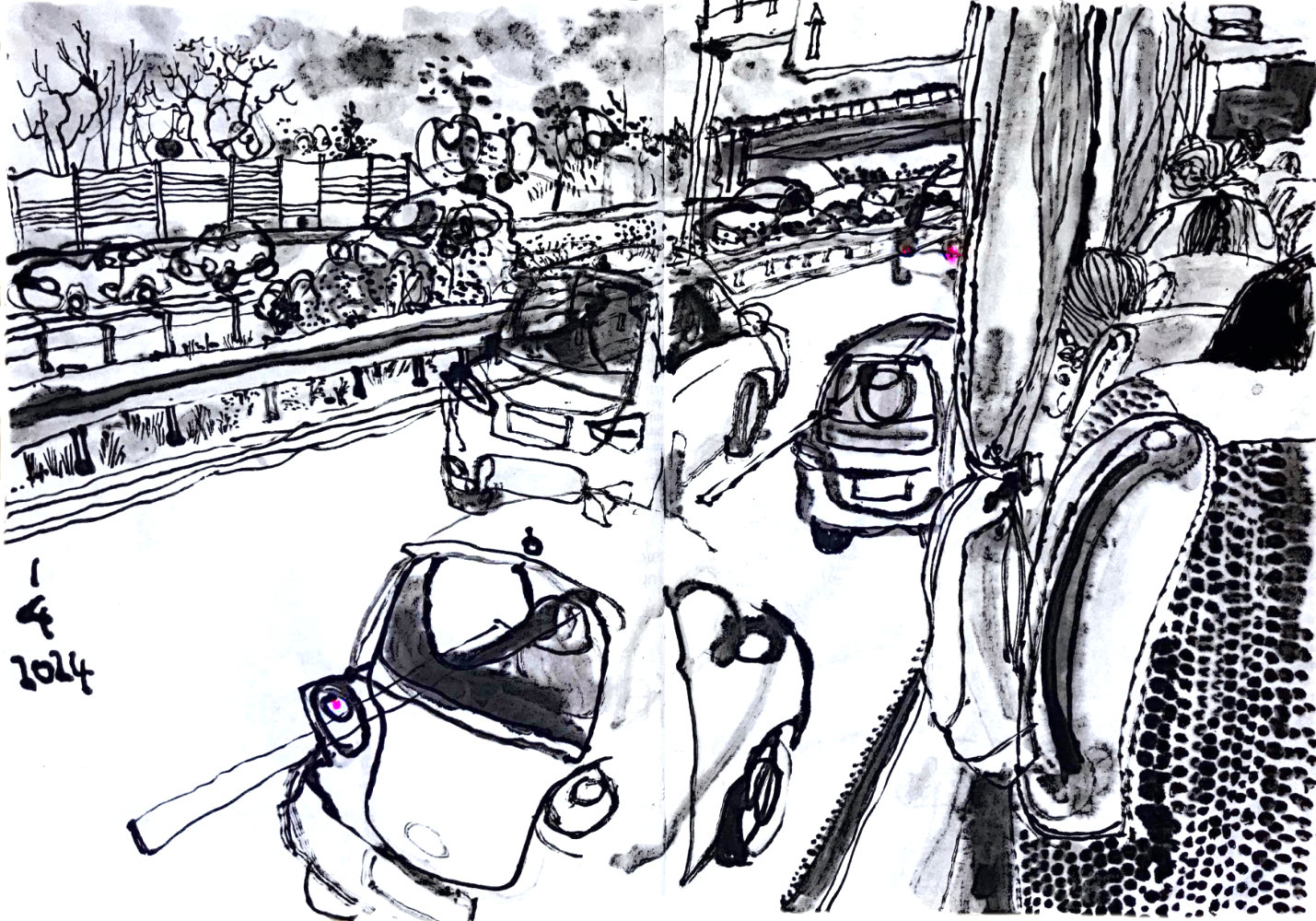 Ink drawing of a view out of a window of a bus. Right is a bit of the buses interior, left the motorway, four cars passing the bus, moving to the right and seen from behind, and more cars on the opposite lane, seen from the front, moving left. There is diverse motorway infrastructure: rails between lanes, noise reduction wall, a bridge and a sign.