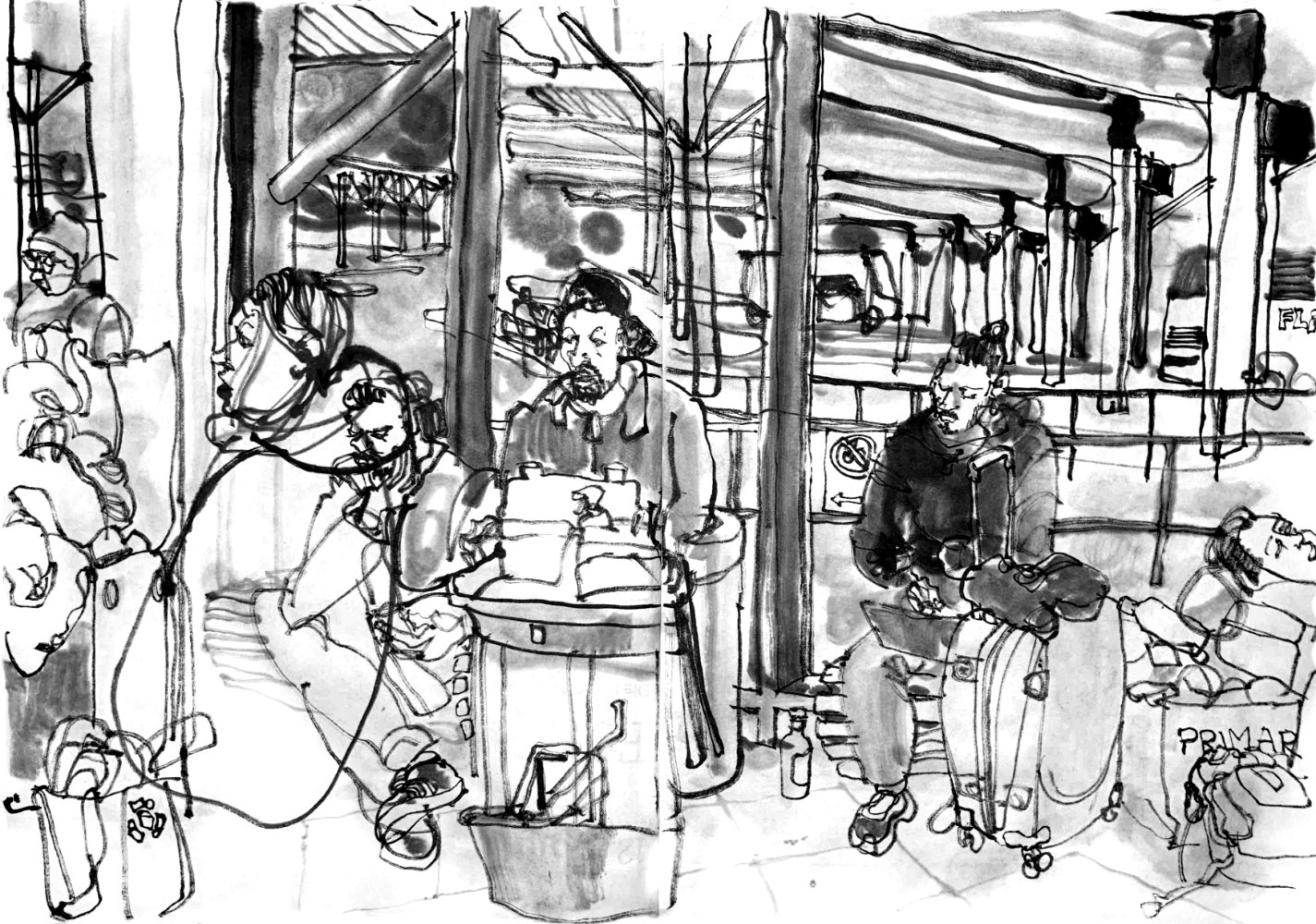 Ink drawing of travelers, waiting in the hall of a long distance bus station, in front of the glass facade to the bus plattforms. There is a lot of luggage and a guy with a trolley, for cleaning.