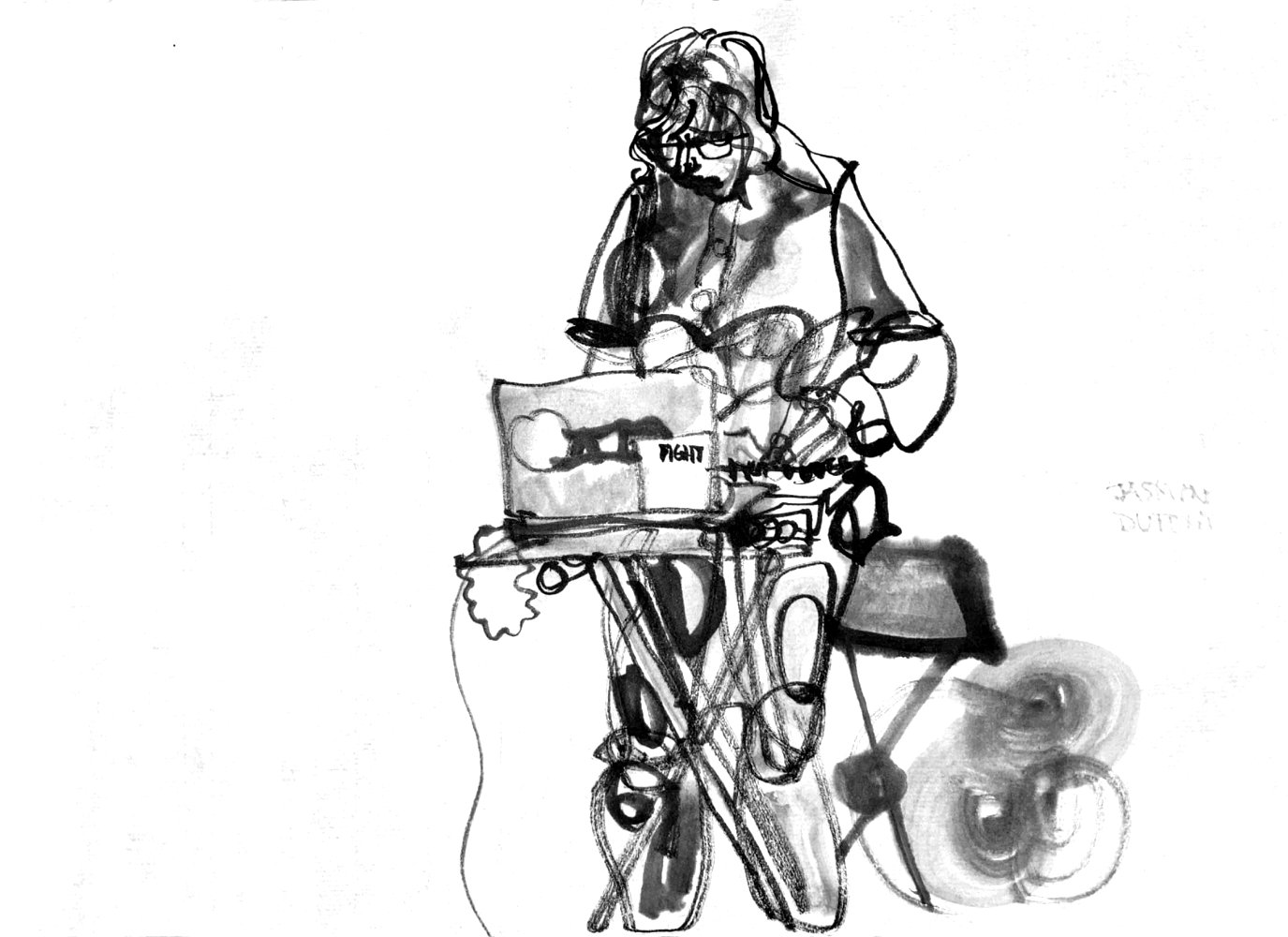 Ink drawing of a woman at a desk with laptop and electronic device.