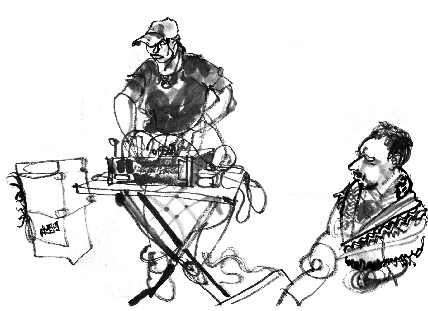 Ink drawing of a female musician at a desk wit electronic devices. At thr low right a man, wearing a keffiyeh as scarf (actually red white, but drawing is black and white ...)