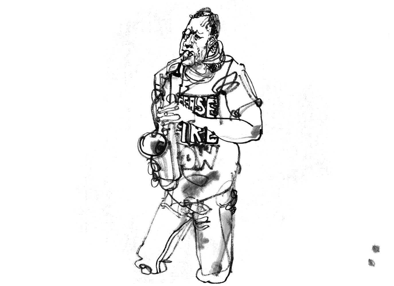 ink drawing of a saxophone player, wearing a t-shirt with 'ceasefire noe' lettering and a (origianally red white) kuffiyeh as scarf.