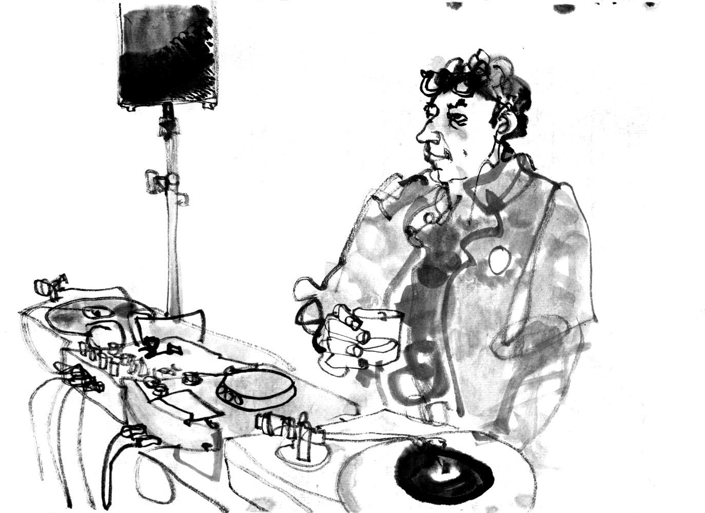 Ink drawing of a male dj, standing behind a desk with turntables (vinyl single playing), whiskey glas in hand.