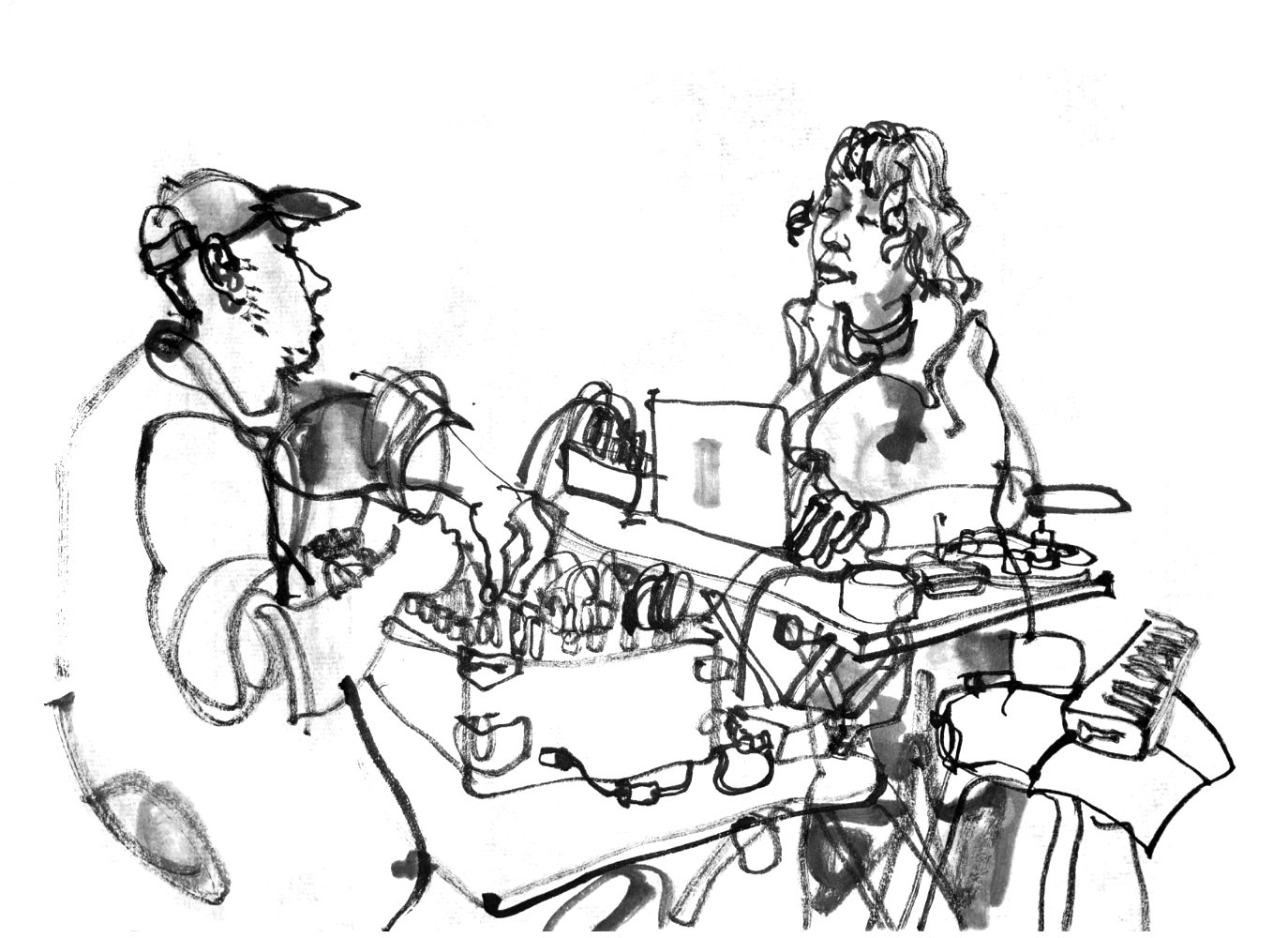 Ink drawing of two musicians, sitting at desks with electronic devices.